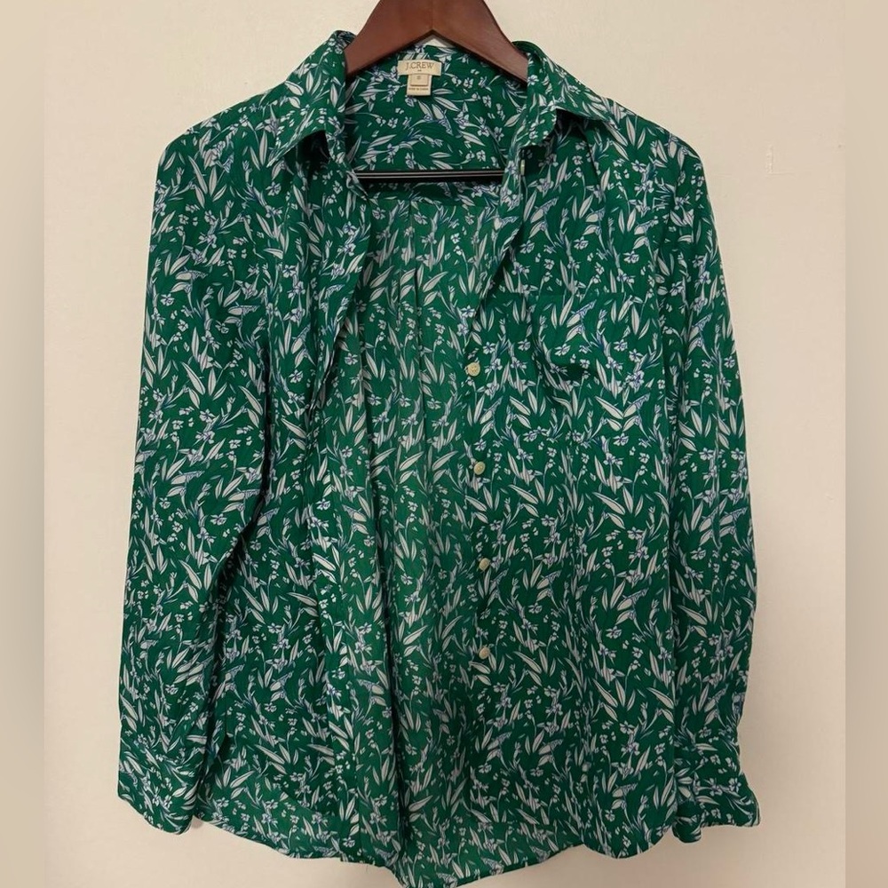 J. Crew Green and White Floral Shirt